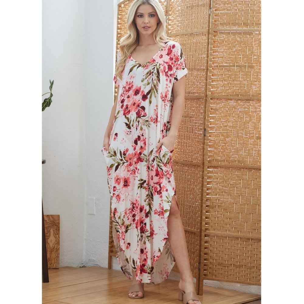 Cream Floral Print Maxi Dress With Side Slits - Picture 2 of 4